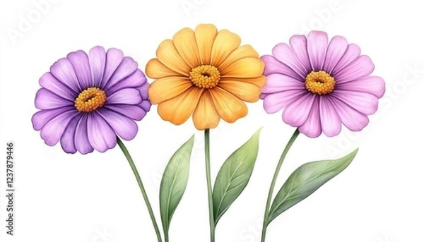 Fototapeta Vibrant illustration of three colorful flowers with detailed petals and green leaves on a white background