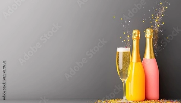 Fototapeta Celebration scene with champagne bottles and a glass, colorful confetti in the background