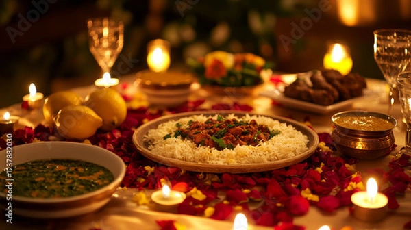 Fototapeta Indian national cuisine dishes on festive table with candles, rose petals and curry with rice, kebab and tandoori chicken legs, vegetables and lemons, spinach soup with cheese, dessert and tea