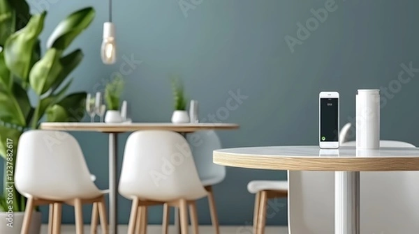 Obraz Modern Cafe Interior Design Smartphone Tabletop Minimalist Style