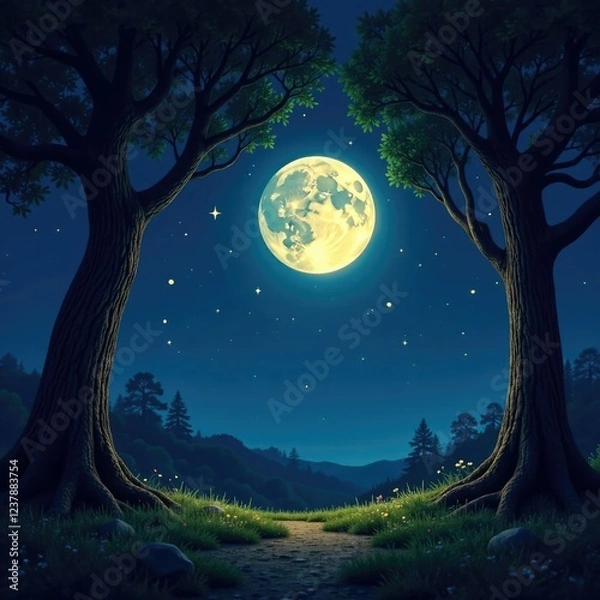 Fototapeta Nighttime scene with full moon and sparkling stars amidst a grove of ancient trees, nighttime, moonlight
