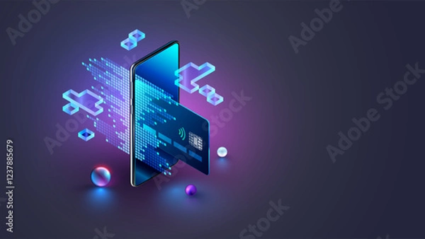 Fototapeta Virtual banking card. Isometric mobile phone, internet banking app, card. Online payment security transaction via credit card. Shopping wireless pay smartphone. Internet digital bank technology.