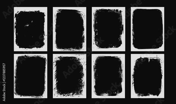 Fototapeta Photo grunge effect frames set template. Ink rolled paint edges punk border for music poster and banner. Retro textured overlays. Rectangular old box white backgrounds. Vector abstract illustration.