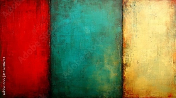 Fototapeta Vibrant Abstract Triptych: Red, Green, Yellow Colorfield Painting Texture Canvas Art