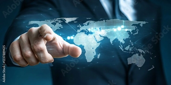 Fototapeta Hand reaching toward a digital world map interface. Global connection and data transfer concept in a modern tech environment.