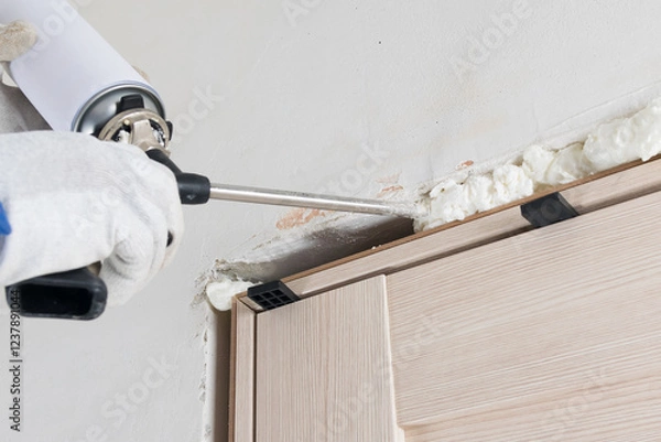 Fototapeta applying foam with a gun into the space between the door frame of an interior door, close-up, hands of a master