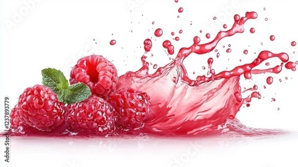 Fototapeta Red Raspberry Juice Splash With Mint Leaf On White Background