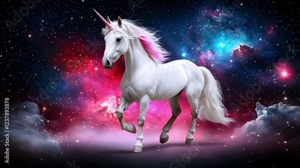 Fototapeta Fairytale castles and unicorns concept, A majestic unicorn stands in a vibrant, cosmic background filled with stars and colorful nebulae.