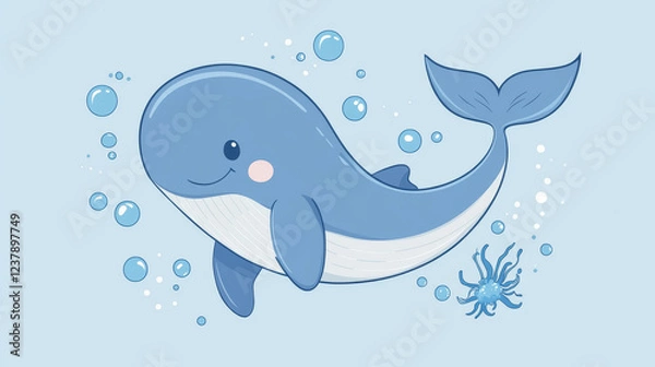 Fototapeta Cartoon sea underwater animals stickers pack. Vector cute whale, shark, turtle, dolphin, octopus and crab. Seal, seahorse, starfish or stingray with playful faces on seafloor with bubbles and seaweed