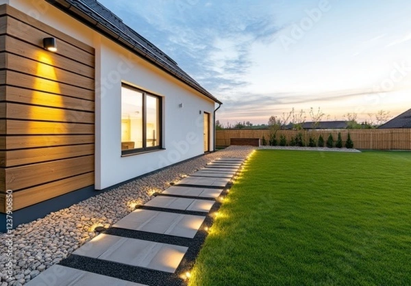 Fototapeta Garden with Illuminated Stone Paver Path Leading to Modern House