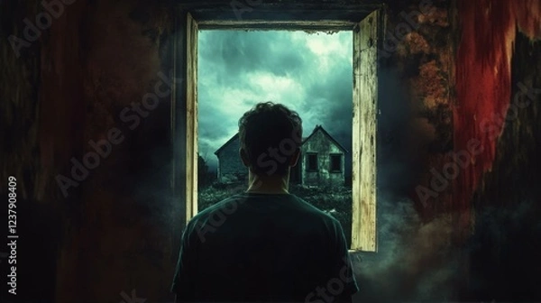 Fototapeta Figure Stares Through Dark Window At Abandoned House Under Gloomy Sky In Dim Room Light