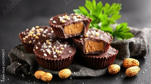 Fototapeta A plate of chocolate cups filled with creamy peanut butter, garnished with nuts, set against a dark background.