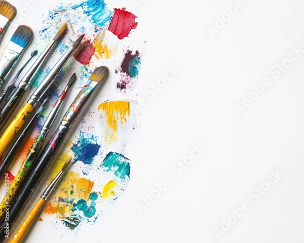 Fototapeta Vibrant Paintbrushes and Colorful Paint Strokes on White Canvas for Artistic Creativity and Design Inspiration