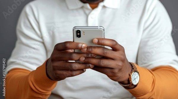 Fototapeta Man using smartphone, grey background.  Social media, communication, technology
