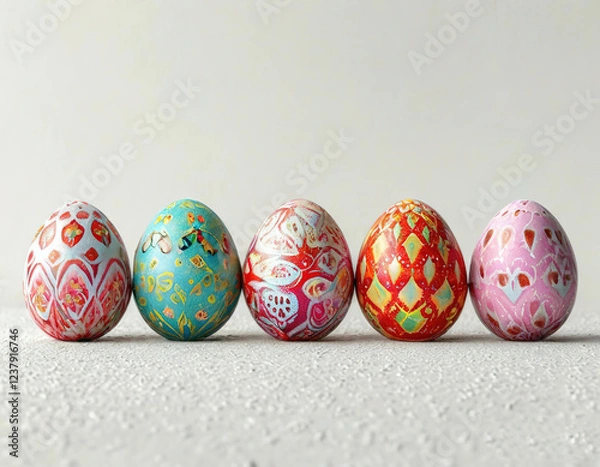 Fototapeta Easter eggs in pastel delicate colors with creative pattern on white background.