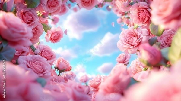 Fototapeta Romantic Pink Roses Frame with Blue Sky Background