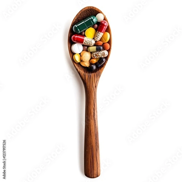 Fototapeta Healthy Spoon with Various Dietary Supplements on Wooden Surface