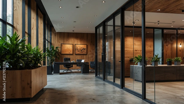 Fototapeta A modern office with a wooden accent wall, concrete floor, and dark furniture. Potted plants and large windows add natural elements to the spac