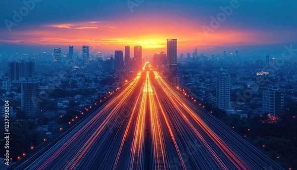 Fototapeta Online Service Cityscape Dynamic Light Trails Network at Dusk