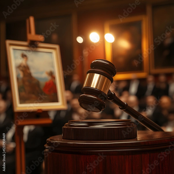 Fototapeta Gavel rests at auction, painting displayed in background with blurred audience, suggesting art sale or legal context.