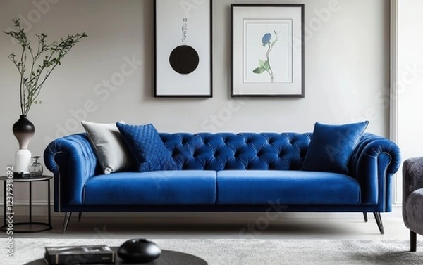 Fototapeta Electric blue velvet sofa in a stylish modern space, accented with black and silver minimalist furniture