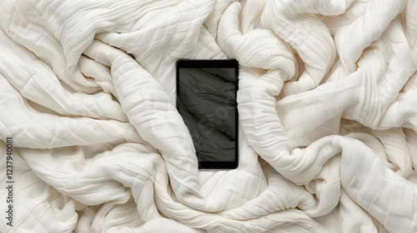 Fototapeta A smartphone rests on a rumpled white fabric, creating a minimalist and textured scene.