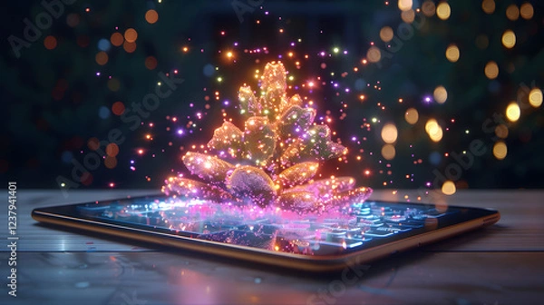 Fototapeta A digital Christmas tree of glowing particles emerges from a tablet screen, set against a bokeh light background. Festive tech art.