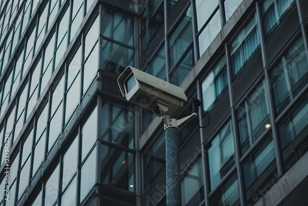 Fototapeta Security camera capturing footage of a contemporary office building, ensuring safety and surveillance