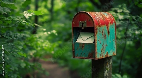Fototapeta Vintage Red and Blue Mailbox with Envelope Inside and Green Foliage