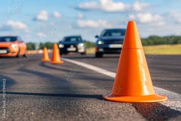 Obraz Orange Traffic Cone on Asphalt in Front of Car Training Ground