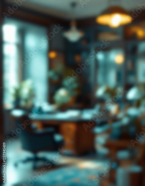 Fototapeta Ai image a traditional office with a wooden desk, a chair, and several plants; everything appears out of focus, giving it an ethereal feel.