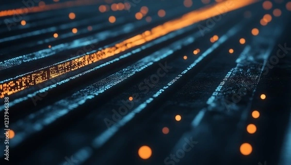 Fototapeta Digital Background with Orange Glowing Lights and Grid of Digital Elements