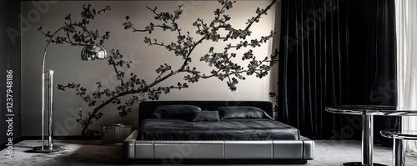 Obraz A sophisticated bedroom with a wall mural of black cherry blossoms, complementing an elegant black and silver color scheme