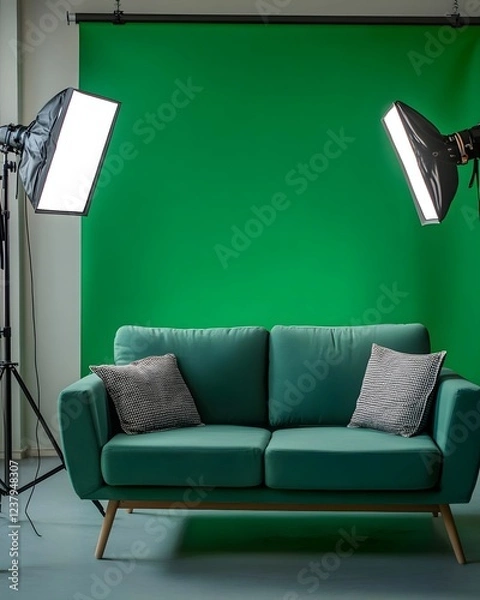Fototapeta A modern teal couch with decorative pillows in front of a green backdrop and studio lights.