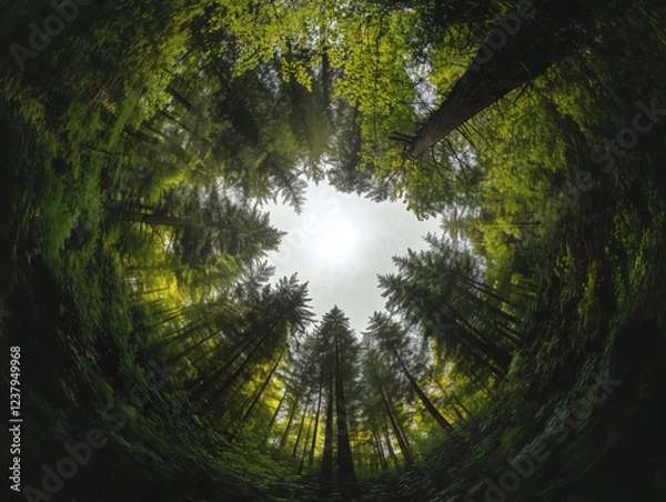 Fototapeta Looking up in green forest with tall trees., 360 big circle forest.