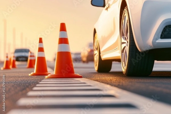 Obraz Car Driving School with Cones on Asphalt and Blurred Background