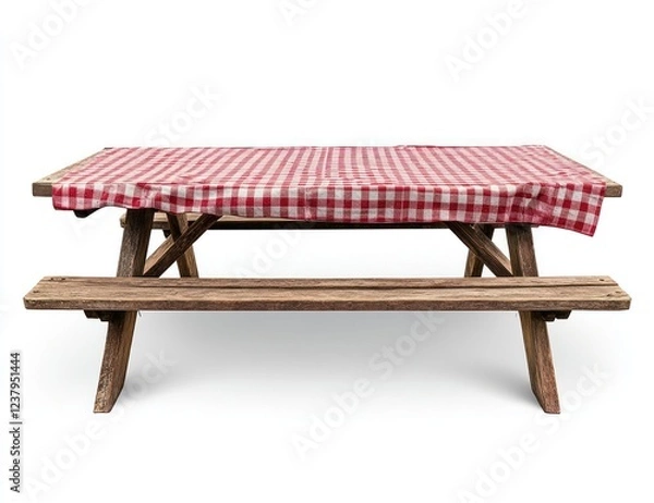 Obraz Rustic picnic table, red checkered tablecloth, outdoor setting, summer event