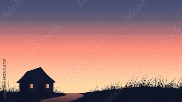 Obraz Serene sunset over a quiet countryside with a small house and starry sky in the background