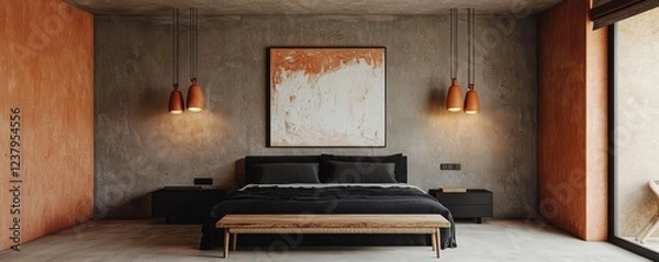 Fototapeta A spacious bedroom with minimalist design, featuring concrete walls painted a soft terracott  complemented by black accents