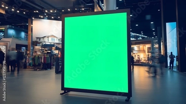 Fototapeta A large green screen in a busy exhibition space, ready for presentations or displays.