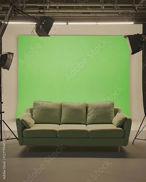 Fototapeta A green sofa in front of a green screen, designed for photo or video production.