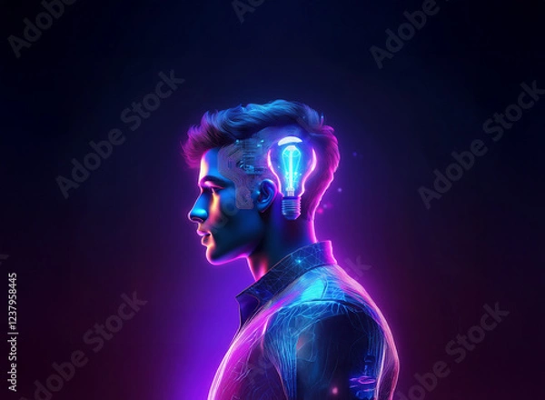 Fototapeta Neon-lit profile of a man, a glowing lightbulb subtly embedded within his head, suggesting innovative thinking and intelligence.  The image uses vibrant colors and a futuristic aesthetic.