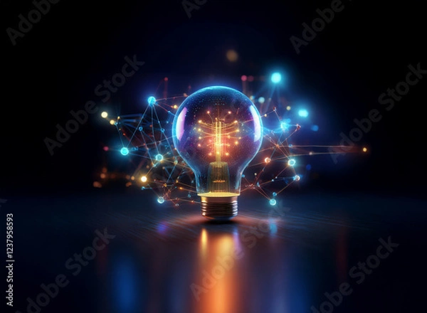 Fototapeta A glowing lightbulb, encircled by vibrant, interconnected nodes, symbolizes innovation and interconnected ideas.  The futuristic design suggests technological advancement and creative breakthroughs.