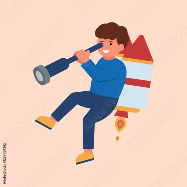 Obraz Graphic Vector Illustration of Young Entrepreneur Starting Career Process. Vector Concept of Character Flying with Rocket
