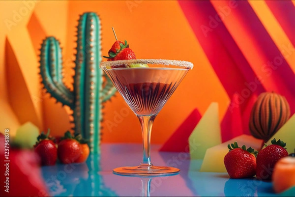 Fototapeta Colorful cocktail with fresh fruit against a vibrant backdrop featuring decorative cacti and geometric shapes