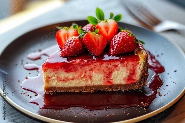 Fototapeta Delicious strawberry cheesecake topped with fresh strawberries and raspberry sauce served on a black plate