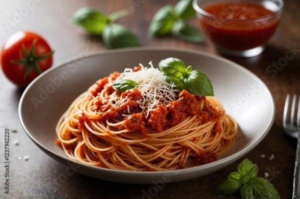 Fototapeta Delicious spaghetti with tomato sauce and basil served in a rustic kitchen setting