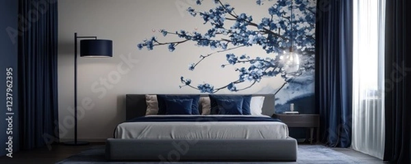 Fototapeta A tranquil bedroom featuring a wall mural with deep blue cherry blossoms, harmonizing with a navy and gray color scheme