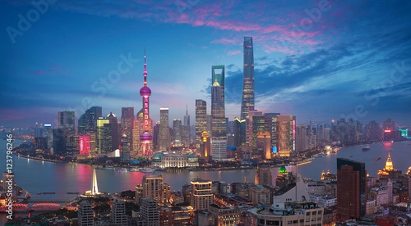 Obraz Aerial photography at Shanghai bund Skyline of dusk