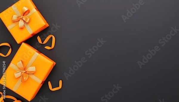 Obraz Two vibrant orange gift boxes with ribbons on a dark surface, ideal for celebration themes